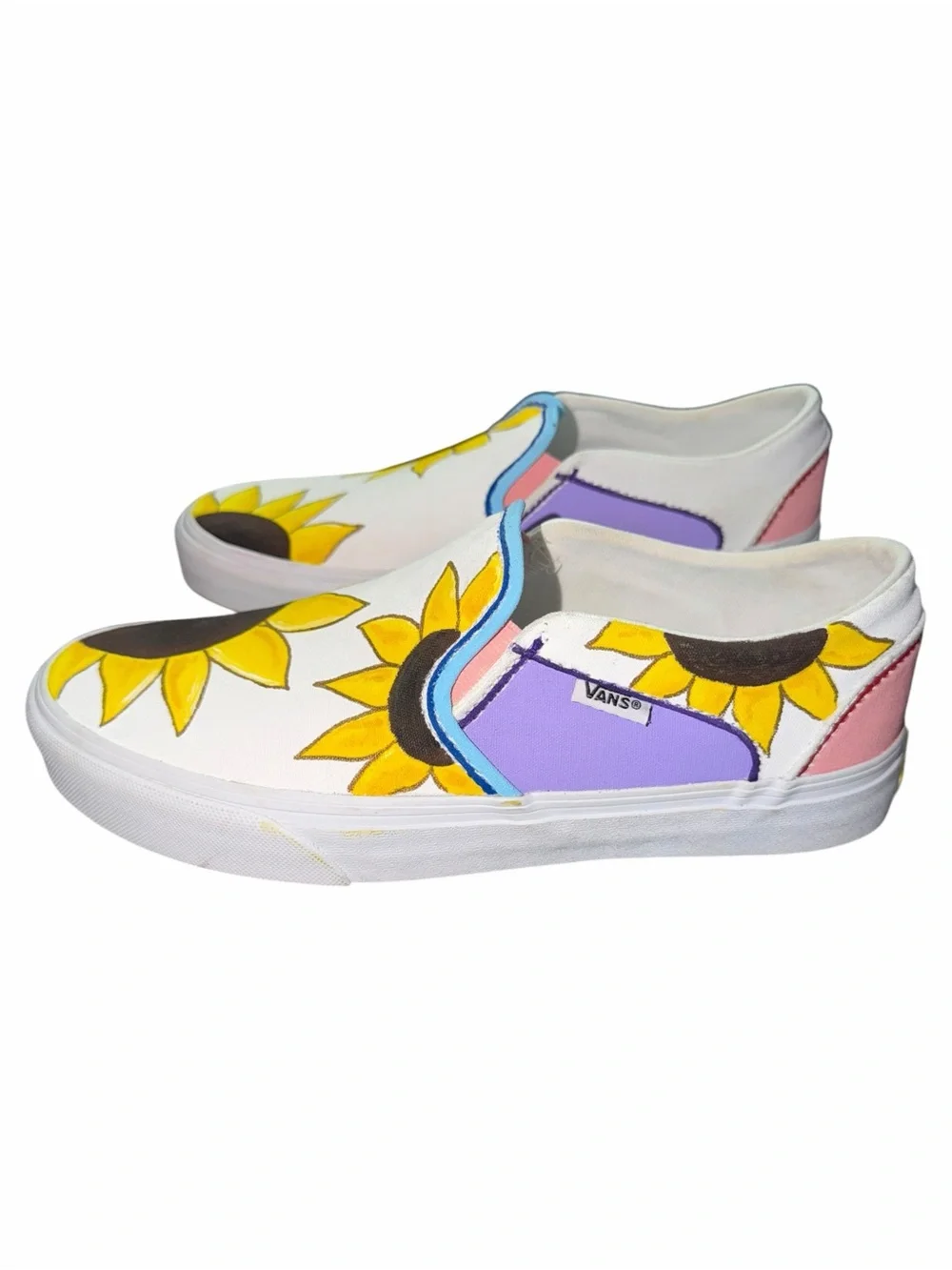 Vans Women’s White Custom Hand Painted Yellow Sunflower Slip-On Shoes 8.5